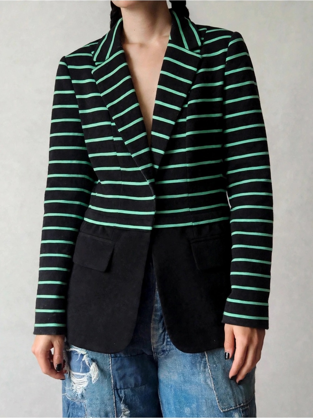 Grace Elements Open Front Ponte Blazer Black Mint Stripe Size 2